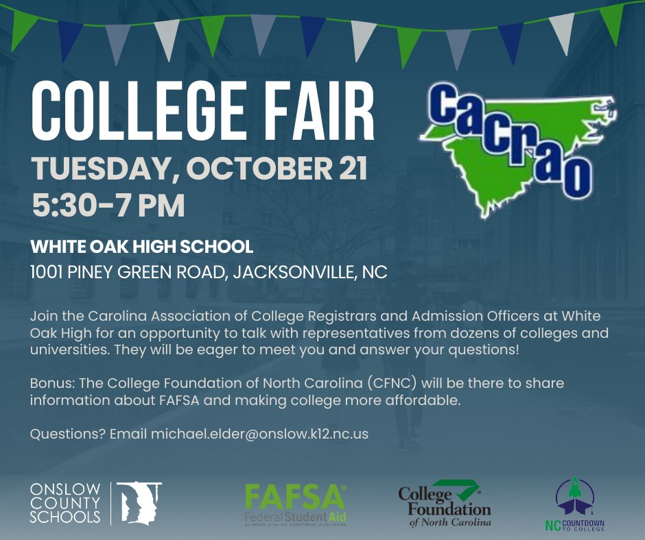 Later this month, students can take advantage of an opportunity to speak with representatives from dozens of colleges and universities at the CACRAO College Fair! Join us at White Oak High on October 21 at 5:30 p.m. to learn more as you prepare for your next step.