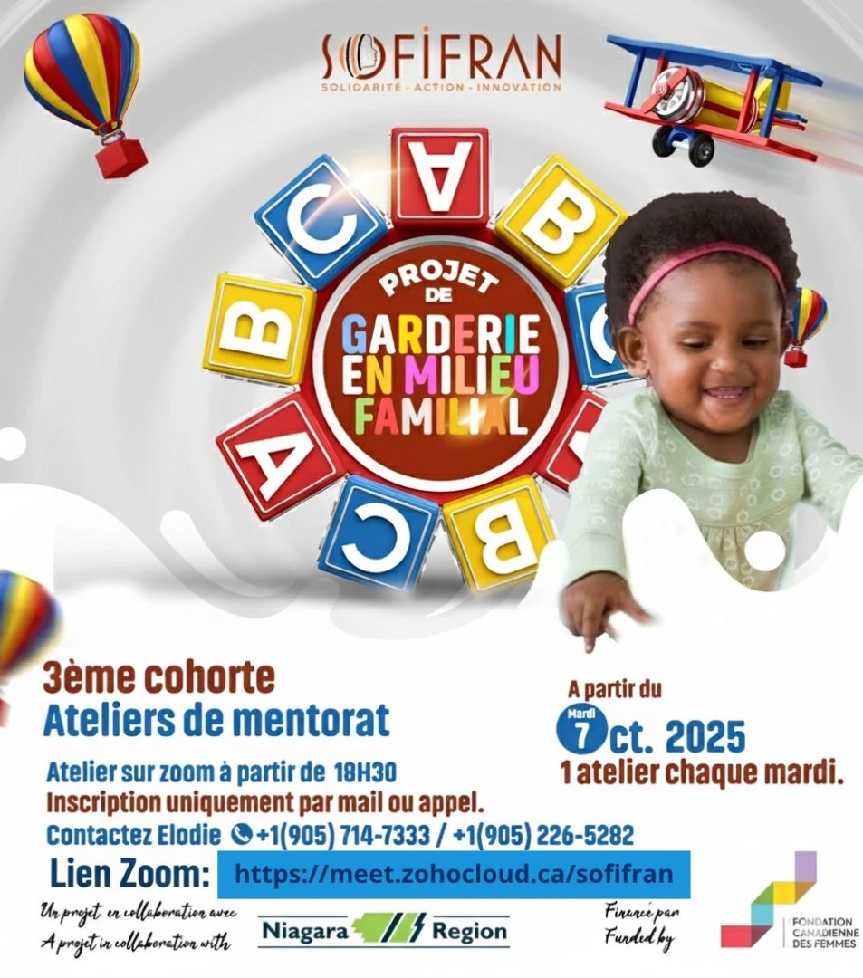 👶✨ La 3ème cohorte du projet Garderie en milieu familial démarre le 7 octobre 2025 !
💡 Des ateliers chaque mardi à 18h30 sur Zoom avec nos mentors Vanessa Aubourg et Clarice Djuikouo.
🔗 meet.zohocloud.ca/sofifran
#SOFIFRAN #Mentorat #GarderieFamiliale #Francophonie