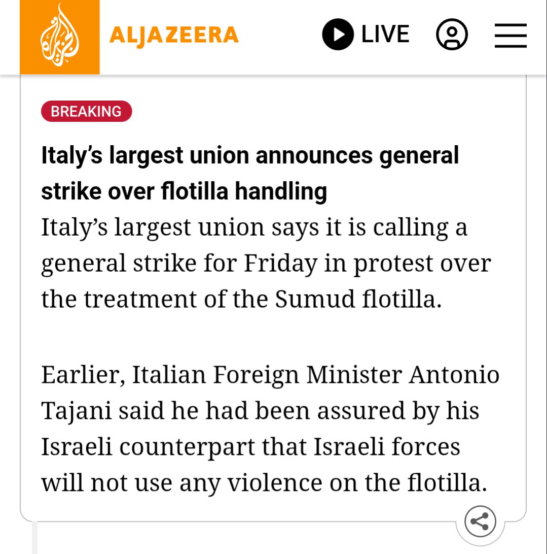 KaelorVyn's tweet photo. 🚨 | Italy’s largest union has declared a general strike in protest of how authorities handled the Global Sumud Flotilla. Workers across sectors are walking out, demanding accountability and showing solidarity with those aboard the ships bound for Gaza.

Global Sumud Flotilla! https://t.co/FZ4mJ8Kxqu