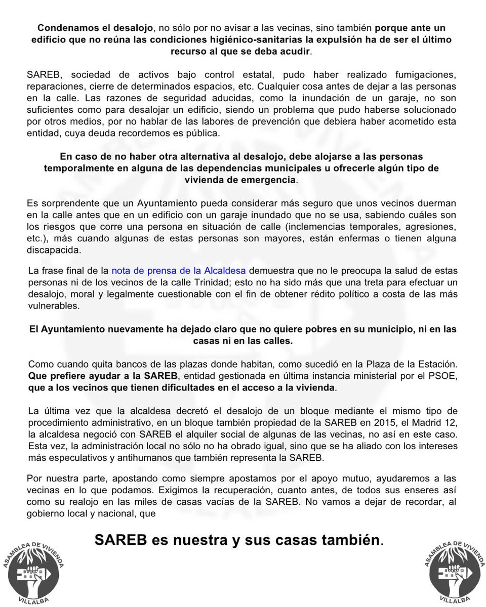 ⚠️ COMUNICADO URGENTE SOBRE EL DESALOJO  POR PARTE DEL <a href="/AyuntamientoCV/">Ayuntamiento de Collado Villalba</a> DEL BLOQUE TRINIDAD, PROPIEDAD DE <a href="/sareb/">Sareb</a> ⚠️

Desalojan sin previo aviso a las vecinas, les quitan sus pertenencias, emparedan sus mascotas...