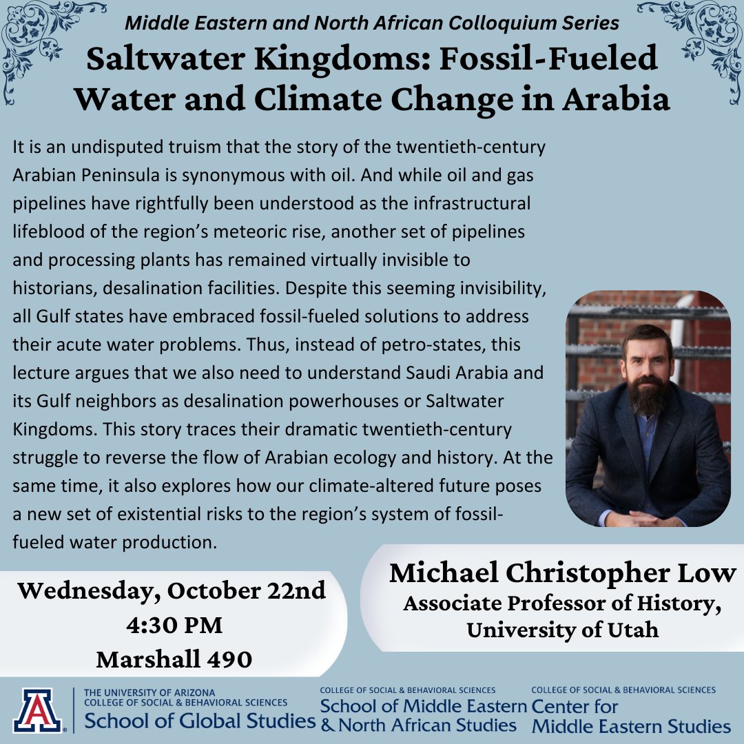 Please join us Wednesday, October 22nd, at 4:30PM, in Marshall 490 for Saltwater Kingdoms: Fossil-Fueled Water and Climate Change in Arabia.

For more info visit: tinyurl.com/32895y98