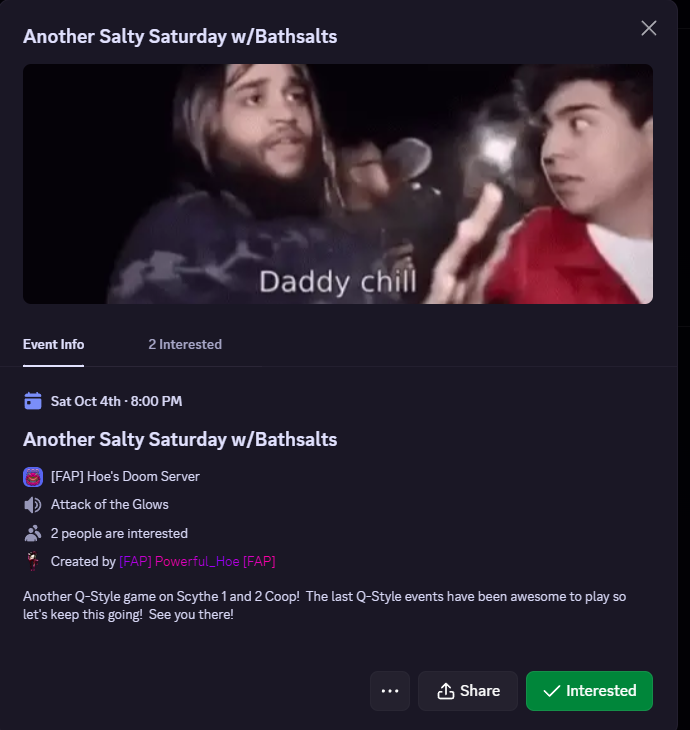 fapnowxyz's tweet photo. Saturday's Event - join our Discord and hit interested if you want to attend! https://t.co/VLL9qy7Dk5