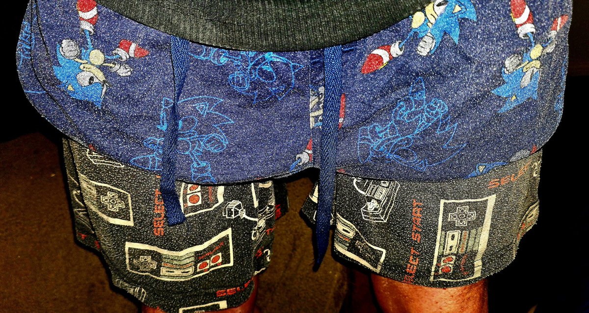 #ConsoleWars #NINTENDO #Sega 
So my old NES housepants elastic has worn out... what better way to keep them from falling down than to wear my Sonic shorts over the top.. the Console Wars are back lol