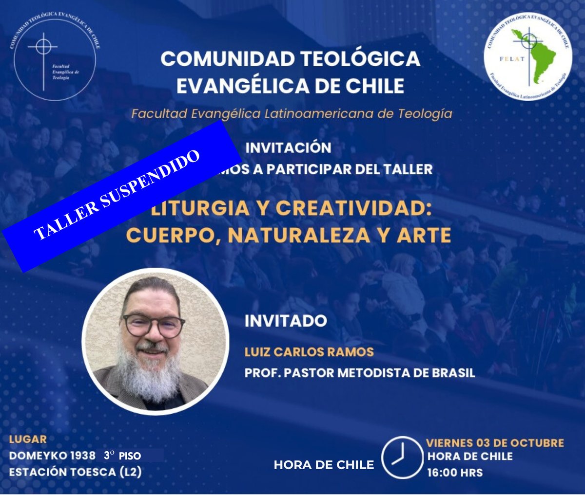 Lamentamos informar que el taller de liturgia, dirigido por el profesor Luiz Carlos Ramos, previsto para el viernes 3 de octubre, se SUSPENDE, debido al regreso anticipado del pastor a Brasil. Pedimos disculpas y agradecemos su comprensión y esperamos recibirles en oportunidad.