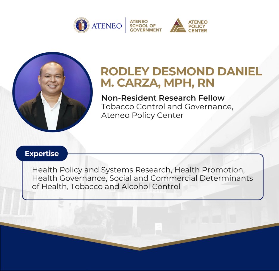The Ateneo School of Government (ASOG), through the Ateneo Policy Center, is proud to introduce its newest Non-Resident Research Fellow under the Tobacco Control &amp; Governance program: Mr. Rodley Desmond Daniel M. Carza.

Read more: ateneo.edu/news/2025/10/0…