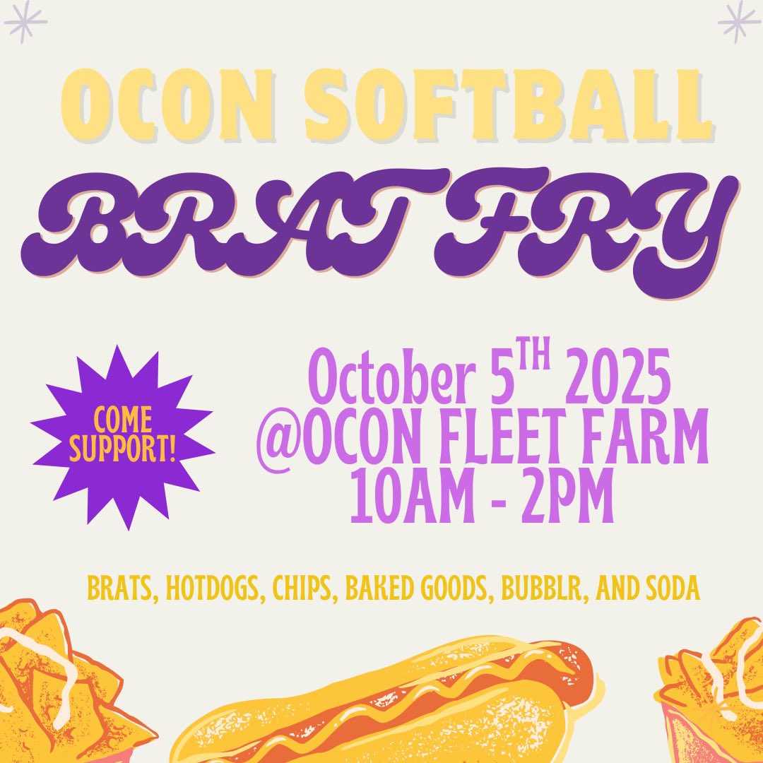 🚨 BRAT FRY time!!!!!!! 🚨 

🌭 

Come to the Ocon Fleet Farm THIS Sunday to get your brat, hotdog, baked good or beverage!! 

We will be there from 10:00am until 2:00pm. See you there!! 
🦝 🥎