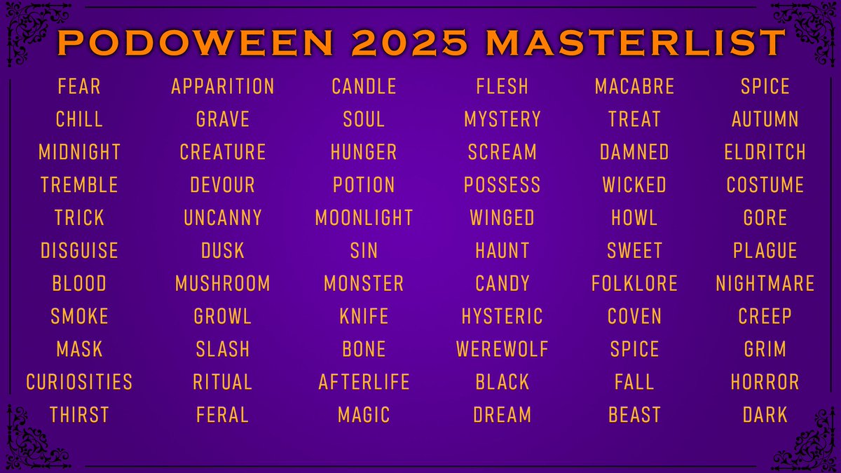 PodWeen's tweet photo. Pod-O-Ween 2025 Tricks Masterlist https://t.co/B00EOz4UAz