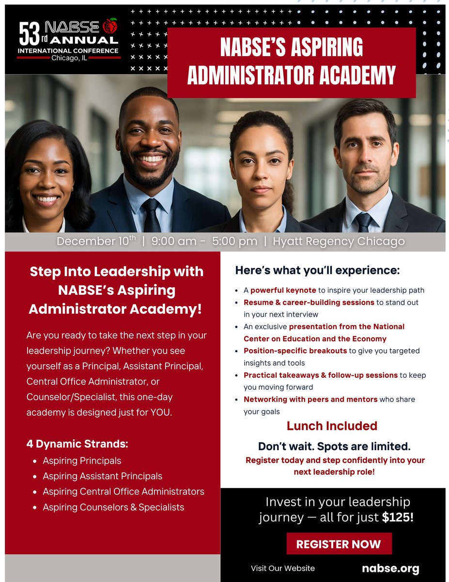 🚀 Ready to lead?
Join the NABSE Aspiring Administrator Academy at #NABSE53!

📅 Dec 10, 2025 | 📍 Chicago, IL
✨ Keynote • Resume Session • National Center Presentation • Networking

🔗 Register: NABSE.org

#EducationLeadership #FutureLeaders