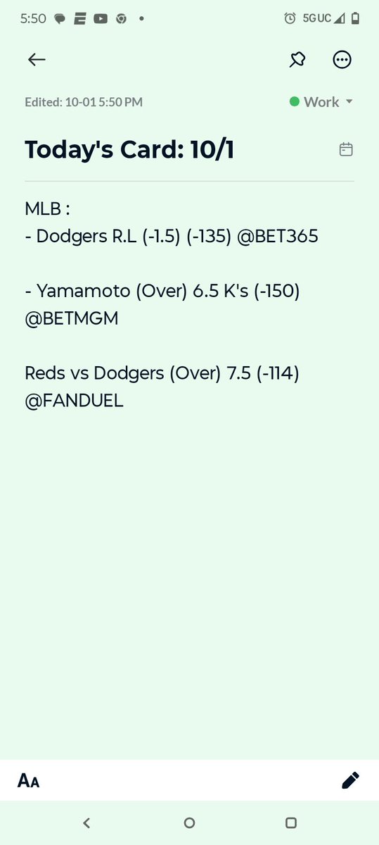 📋 Today’s MLB Card – Wed 10/1 📋
⚾ Dodgers R.L -1.5 (-135) @BET365
⚾ Yamamoto O6.5 K’s (-150) @BETMGM
⚾ Reds vs Dodgers O7.5 (-114) @FANDUEL

Let’s stay hot and keep stacking units 🔥💰
•
•
•
#MLB #MLBPicks #SportsBetting #GamblingTwitter #Baseball #BettingCommunity