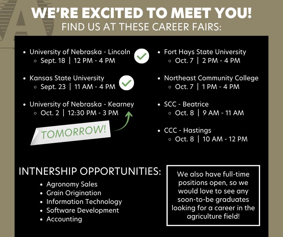 AuroraAgNetwork's tweet image. After a short break we are back at another career fair tomorrow in Kearney at UNK! We look forward to meeting you! Check us out for both summer internship opportunities along with full-time positions.

Learn more here: auroracoop.com/join-our-team/