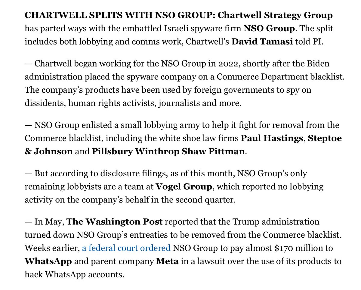 criticalvas's tweet image. ⚠️ Chartwell Strategy Group has parted ways with the embattled Israeli #spyware firm NSO Group. The split includes both 🇺🇸lobbying and comms work, Chartwell’s David Tamasi told @politico's @caitlinoprysko.
politico.com/newsletters/po…