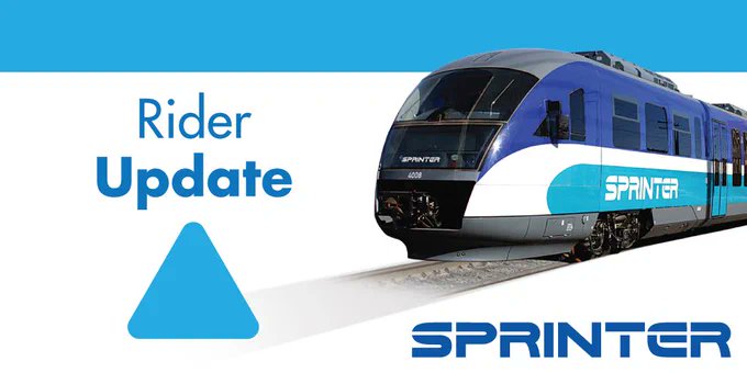 #SPRINTER SPRINTER is currently running behind schedule. Expect delays of up to 30 minutes for all SPRINTER service at this time. #NCTDAlert