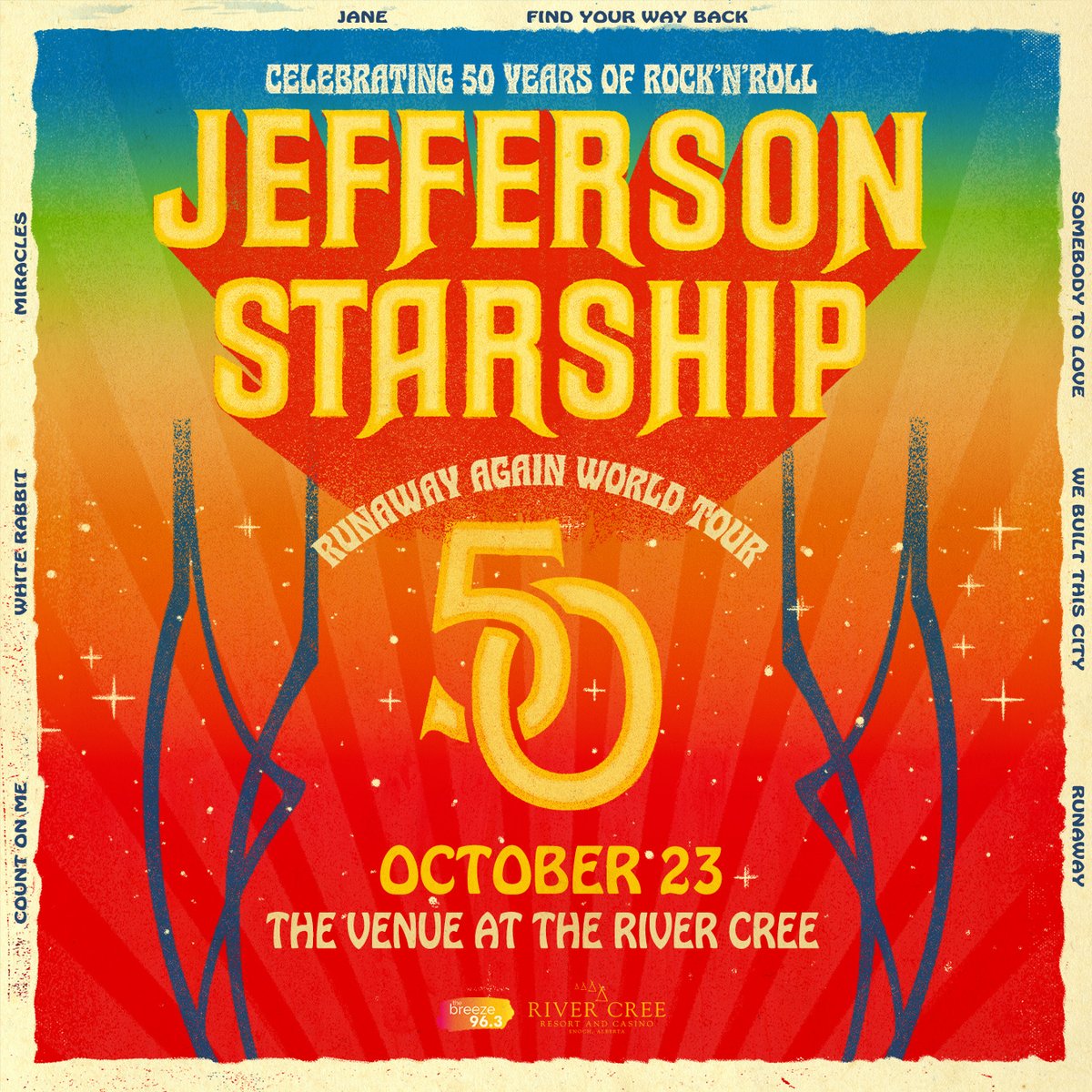 Jefferson Starship on the "Runaway Again Tour" is coming to the Venue, October 23, 2025!! 

Get ready for a night of iconic hits "White Rabbit," "Laying It on the Line," "No Way Out," "Sarah" and more -with the kind of rock &amp; roll energy that only Jefferson Starship can bring!