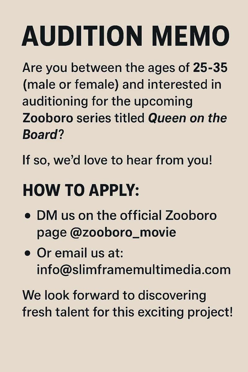 If you are in NYC and want to audition for the series zooboro QUEEN ON THE BOARD, the time is now