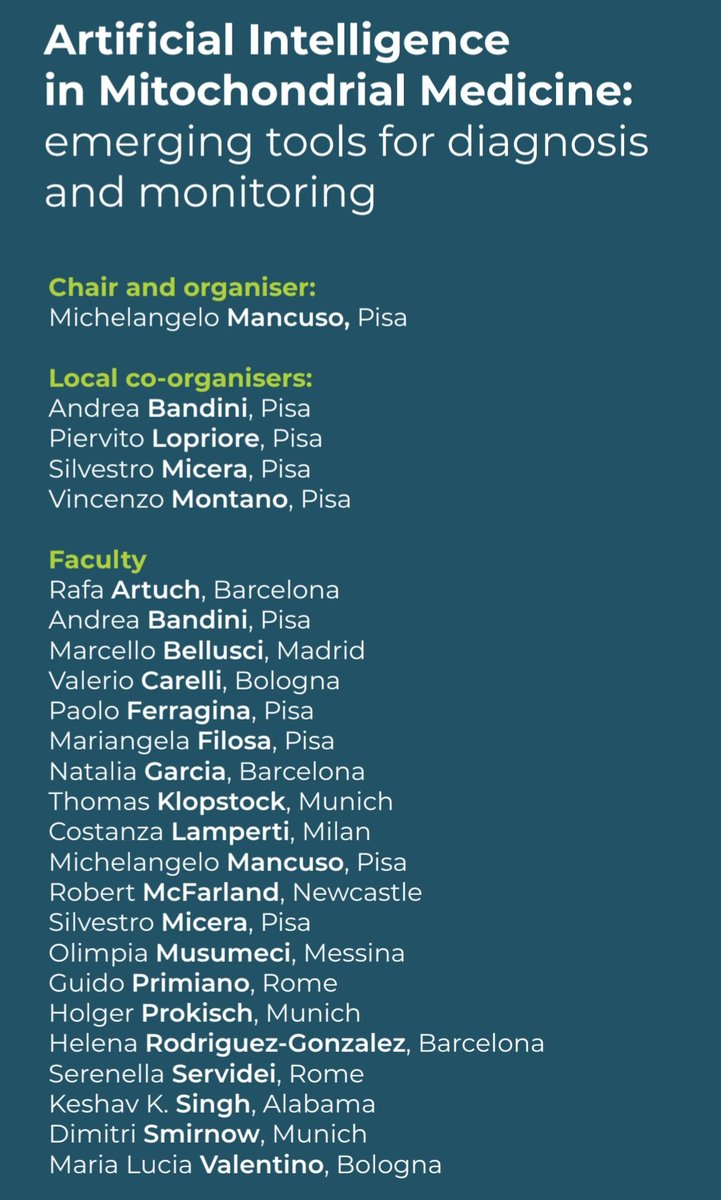 Delighted to participate in the exciting symposium on "Artificial Intelligence in Mitochondrial Medicine: emerging tools for diagnosis and monitoring mitochondrial diseases"
Hotel Galilei, January 23rd,2026
Pisa,Italy
<a href="/UABGenetics/">UAB Genetics</a> <a href="/UABInnovation/">UAB Harbert Institute</a> <a href="/UABNews/">UAB</a> <a href="/UABHeersink/">UAB Heersink School of Medicine</a>