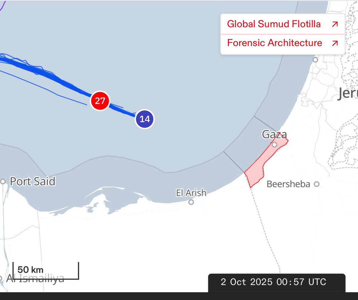 GSF organizers (20 mins ago):
“30 boats still sailing strong on their way to Gaza, just 46 nautical miles away, despite the incessant aggressions from the Israeli occupation navy.”