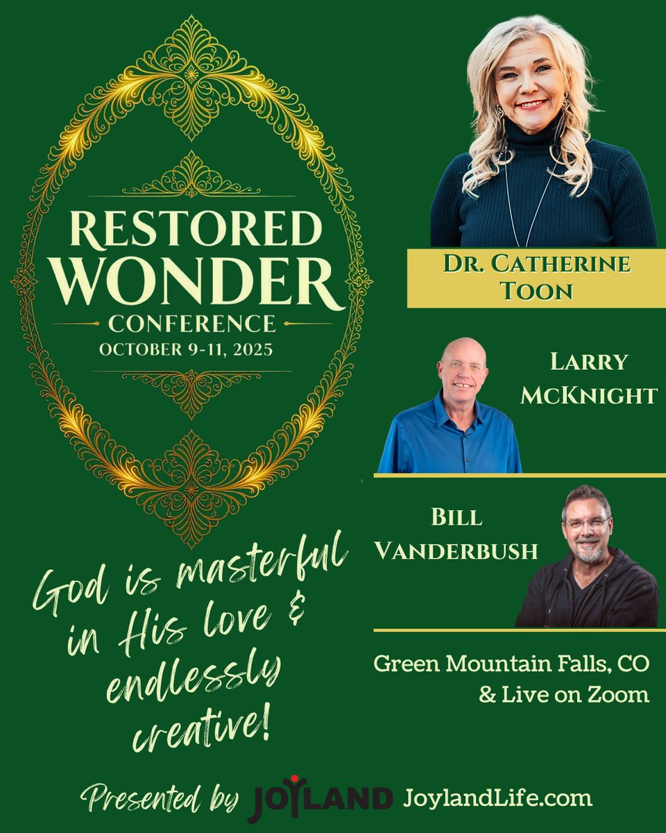At Restored Wonder Conf next week, I’ll be sharing about the God Who is masterful, wonderful &amp; delighted in you. 💖 Come be refreshed &amp; reconnected. Go here for details: facebook.com/events/7831306… #RestoredWonder #CatherineToon #LarryMcKnight #BillVanderbush