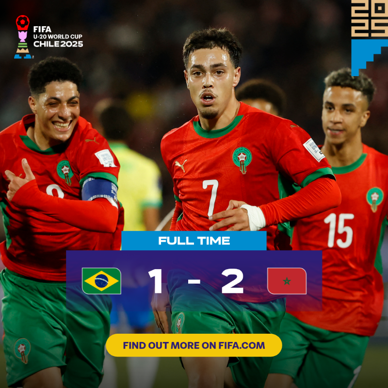 FIFAWorldCup's tweet photo. Morocco defeats Brazil and guarantees a ticket to the #U20WC Knockouts. 🎟
