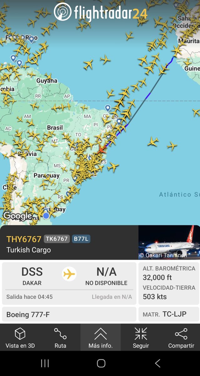 Vuelo histórico en curso!

Ya finalizó el cruce del Atlántico y sobrevuela Brasil el primer avión carguero de #turkishcargo en operar en #Ezeiza 

El #B777F estima su arribo a #EZE a las 3 am. Lamentablemente no será apto para el spotting.

#aviation #cargo #airfreight #comex