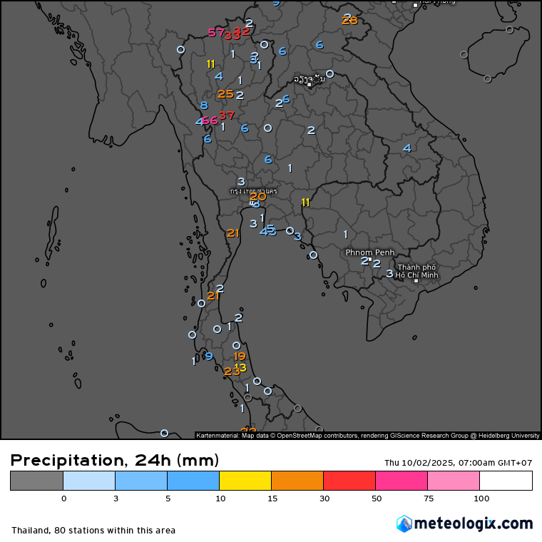 HelmutDuerrast's tweet image. 02 Oct 25 
Yesterday's RAIN fall over 24 hrs in mm #Thailand via meteologix.com/th.                                

&amp;gt; Stronger #SWMonsoon
&amp;gt; RAIN over many areas                    
&amp;gt; Max 66.2mm #Tak NW