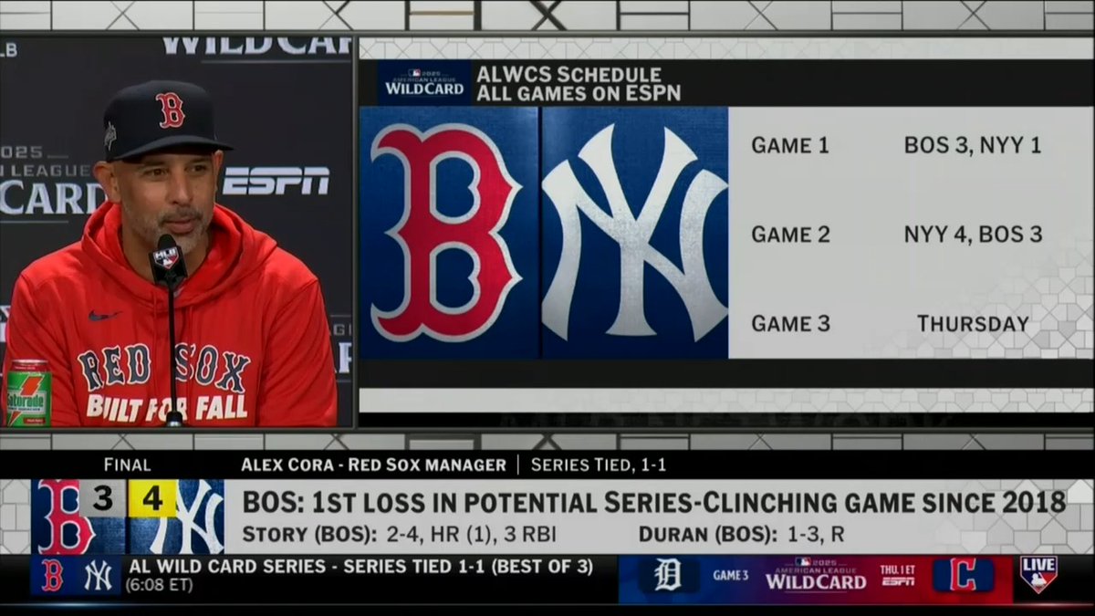 Alex Cora addresses the media following the Red Sox Game 2 loss in the Bronx. 