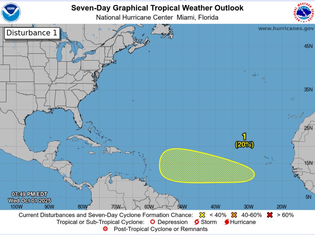 MaraLezama's tweet photo. 🔔 Monitoreamos permanentemente la actividad meteorológica en el océano Atlántico. 

Se prevé la formación de una zona de baja presión a partir de una onda tropical, frente a la costa occidental de África. 

🟨 Presenta 20% de probabilidad para desarrollo ciclónico en 7 días.

📲 Recuerda: mantente informado exclusivamente a través de fuentes oficiales y sigue las recomendaciones de las autoridades durante esta intensa temporada de #Ciclones2025.

#LaTripleA

@conagua_clima @ProtCivil_QRoo