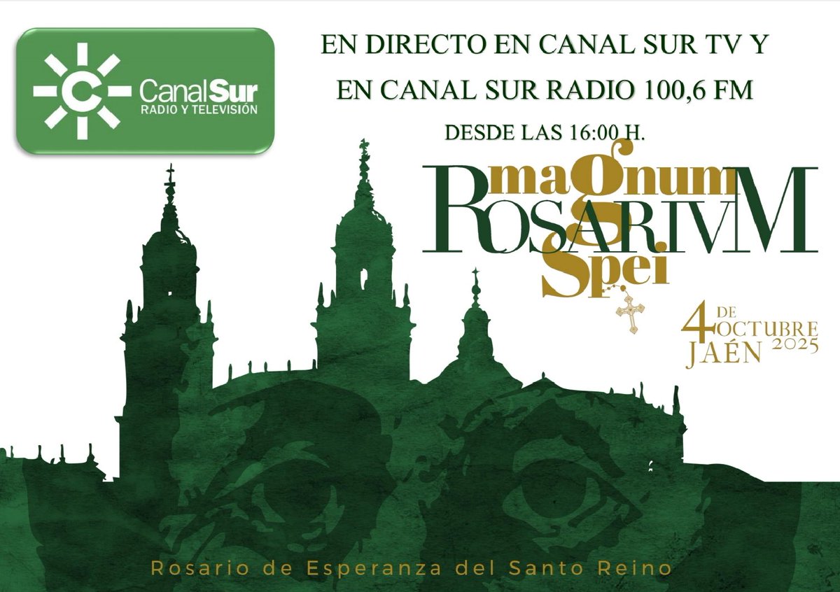 ¡¡¡ ANTENCION !!!

Este Sábado 4 de octubre CANAL SUR retransmitirá el Rosario Magnum Spei en Jaén Capital con 20 pasos venidos desde toda la Provincia.
Te lo contamos en Canal Sur Radio con el programa Nazareno desde las 16:00 hrs.