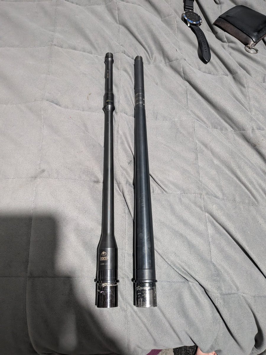 IsherIncubun's tweet photo. Left is a Faxon .308 Pencil barrel, 18".  Right is Ballistic Advantage 18" Modern Heavy taper.

Don't buy these barrels unless you plan on running stout 150gr+ .308.  With basic lo pro gas blocks, I'm undergassed with cheap light bulk.

I've decided gas length is the issue. https://t.co/CveVbk0HYC