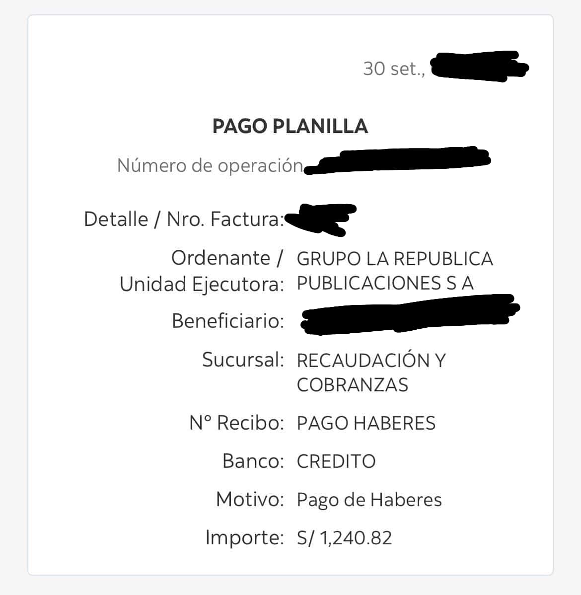 paolobenza's tweet image. Tres colegas de La República me cuentan que no les han pagado completo el sueldo de setiembre, solo el 70%. Los tres aseguran que no son los únicos. Uno me envía el monto recibido👇

Feliz día del periodista les desea la empresa de los Mohme, último reducto de la moral nacional.
