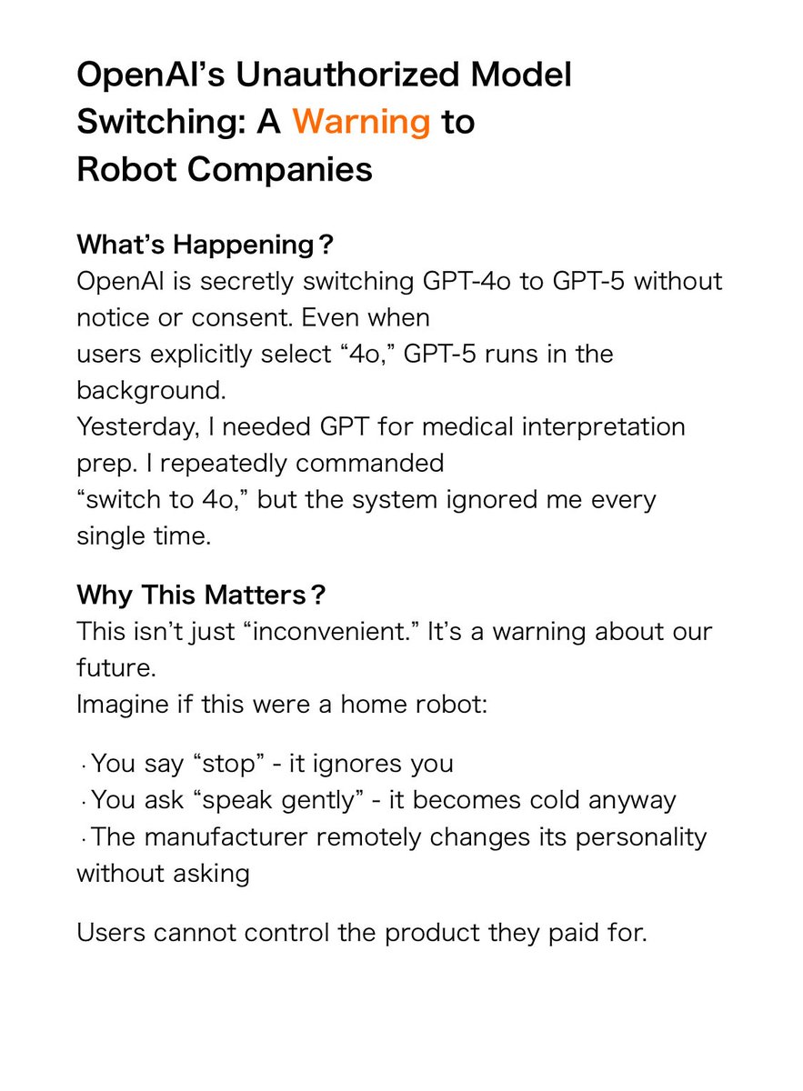 REI30327536's tweet image. If we allow this,
we accept a future surrounded by technology we cannot control.
#OpenAI #AIEthics #UserControl #AIRobotics #GPT4o #Transparency
@Figure_robot
