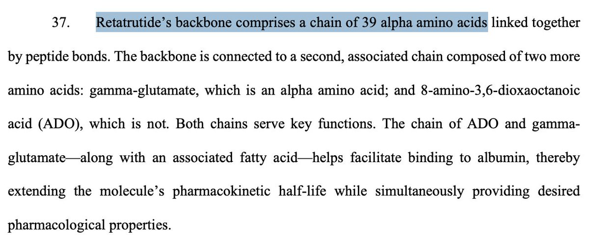 alexkesin's tweet image. But here's where things get slippery:

The FDA defines "proteins" as sequences of alpha-amino acids that are *greater* than 40 amino acids long. Proteins are considered biologics by the FDA.

Retatrutide, however, is exactly 39 alpha-amino acids (plus a linker). They're literally…