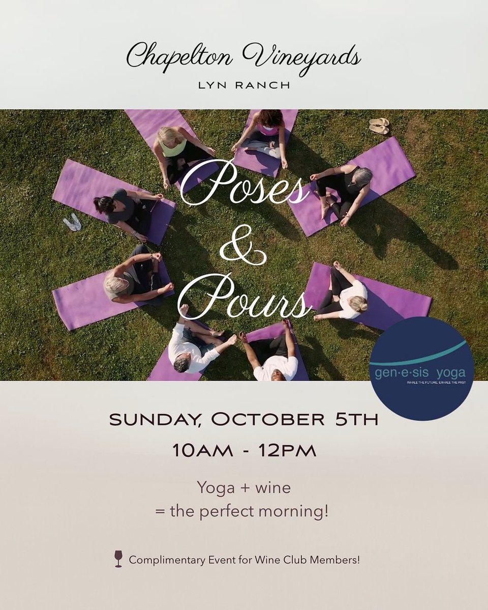 Join us for a morning of relaxation at our Poses and Pours event on the lawn. Start your day with a calming yoga session, followed by a delightful charcuterie board and tasting experience. #chapeltonvineyards #texaswine #winery #winetasting #yoga #yogalife