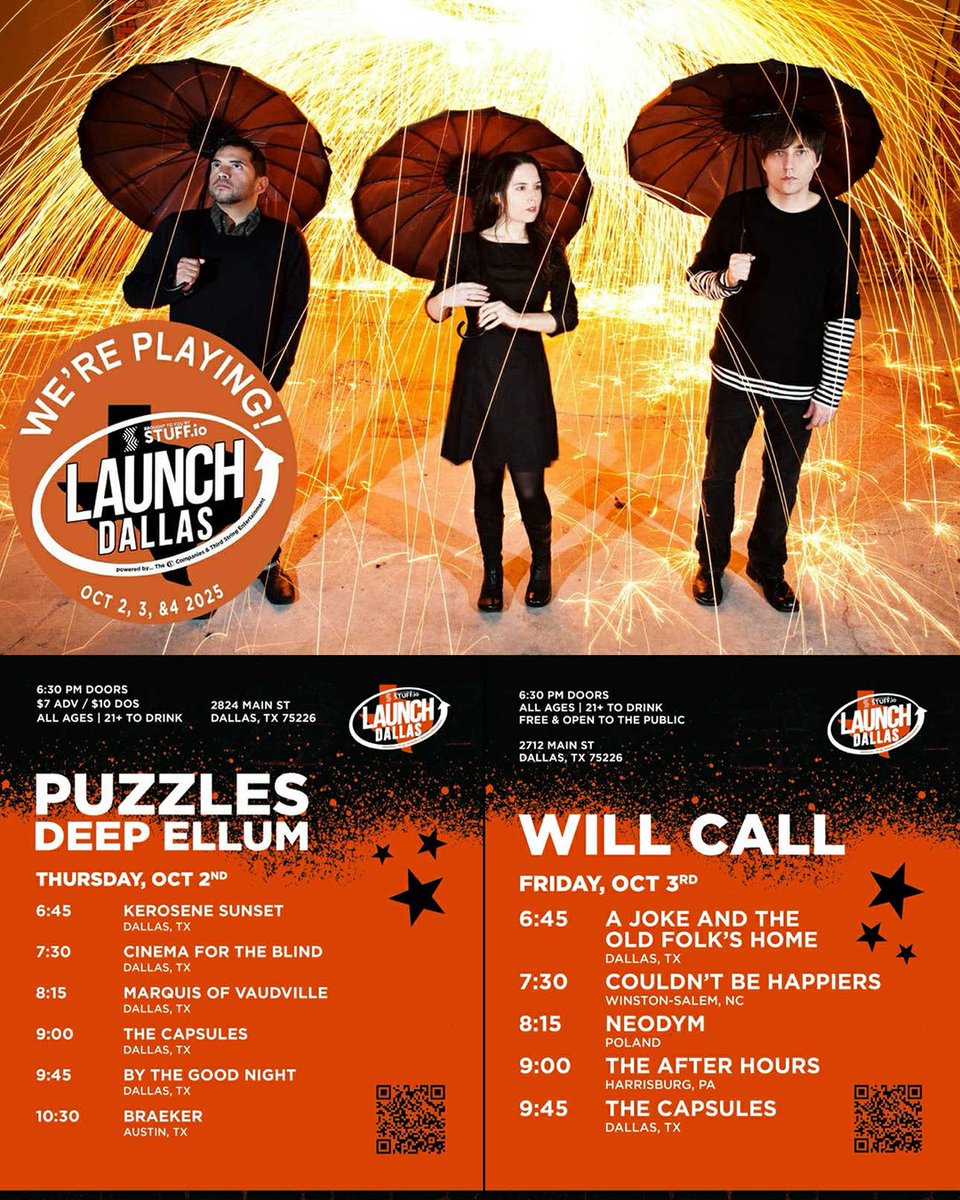 TheCapsules's tweet photo. Tomorrow night! And Friday night!
The Capsules will be playing two nights at the upcoming LAUNCH Dallas music festival with lots of great bands!

- Thursday, October 2nd at Puzzles Deep Ellum! All ages, 9pm.
- Friday, October 3rd at Will Call! All ages, 9:45pm. https://t.co/xRe9n0UVaN