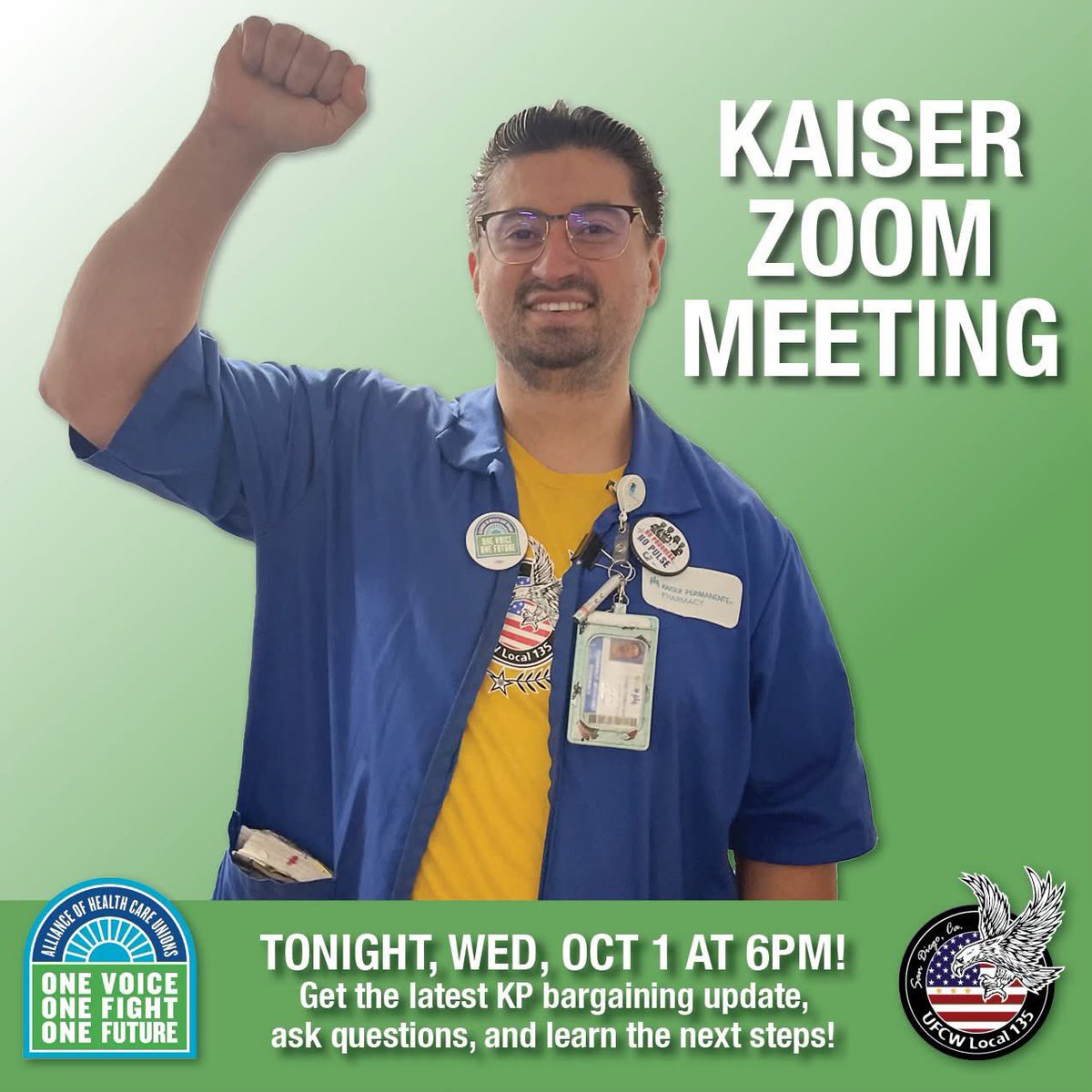 UFCW135's tweet image. 🚨 Reminder for KP Members 🚨

Join us at 6PM on Zoom for important updates on KP bargaining &amp;amp; next steps.

Also, show your solidarity and power by signing the Strike Pledge. Every name adds strength, every signature shows Kaiser we’re united for #OneVoiceOneFightOneFuture
