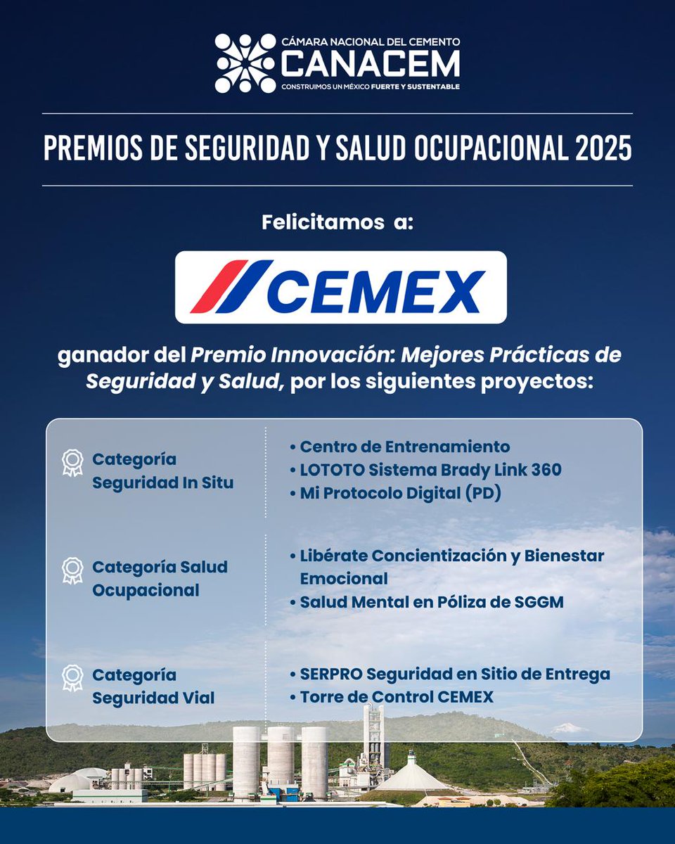 Felicitamos a Cemex por obtener el Premio a la Innovación en Mejores Prácticas de Seguridad y Salud 2025.