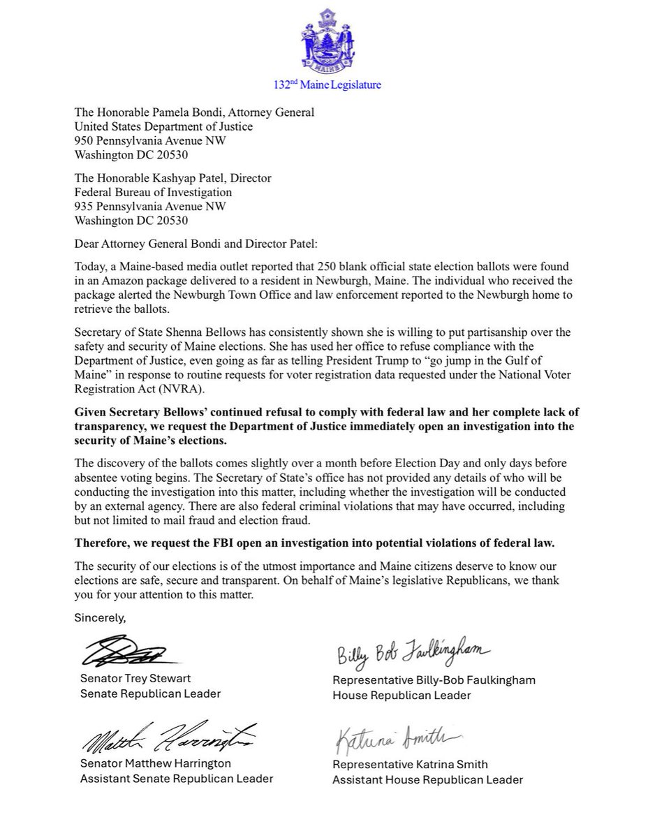 MaineHouseGOP's tweet photo. 🚨BREAKING🚨

Republicans request a federal investigation. https://t.co/q5ZqXF2B8p