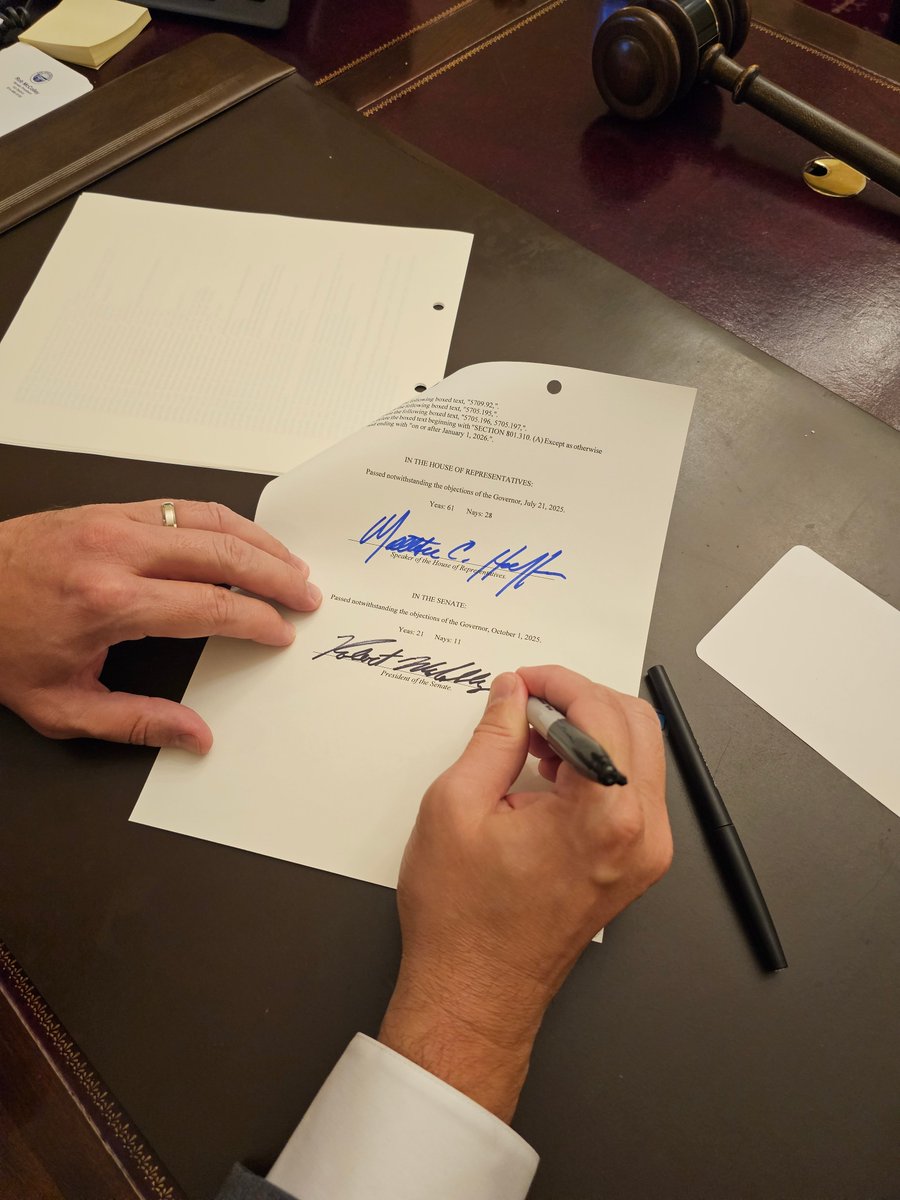 Signing the first veto override on the critical property tax reforms passed by the Ohio General Assembly. Read Senate President <a href="/Rob_McColley/">Senator Rob McColley</a> statement here:
bit.ly/4nX9Z7s