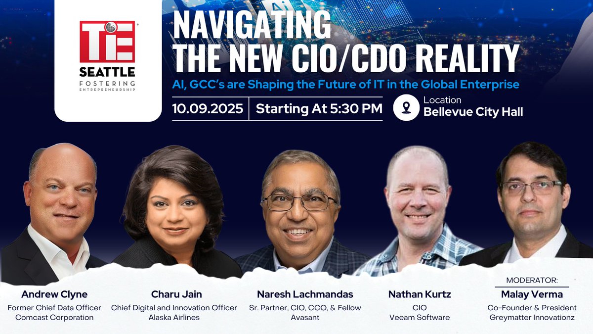 We’re thrilled to announce LTIMindtree as the Sponsor for our upcoming event Navigating the New CIO/CDO Reality: AI &amp; GCCs Shaping the Future of IT

Panel Discussion with:
🎤 Andrew Clyne, Charu Jain, Naresh Lachmandas, Nathan Kurtz &amp; Malay Verm
🔗 events.tie.org/NavigatingtheN…