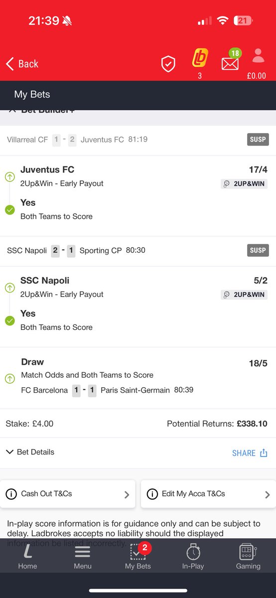 Tom57314966's tweet photo. @Ladbrokes why did I not have a cash out on this bet throughout the whole game, such a joke having 2 games suspended https://t.co/UnUyFh7X7P