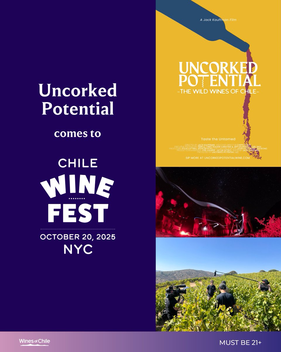 DrinkChile's tweet photo. 🎬🍷 Director Jack Kauffman comes to #ChileWineFest NYC (Oct 20) to present Uncorked Potential, the docuseries that reveals the untamed wines of Chile. 

👉 [https://t.co/aQXJtBNvbX](https://t.co/noykRvYS7i)

#WinesOfChile #ChileanWine #UntamedJourney https://t.co/YmkwRWNCRG