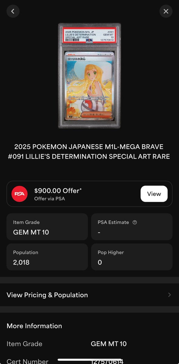 LSSSXu's tweet photo. Selling LIillie’s determination SAR PSA 10 from the Mega Brave M1l Japanese set.

I’m asking for $1,000 shipped, based on last eBay sold price. I’m also open to offers.

Buyer pay G&amp;S fees.

@BUYSELLTRADETCG 
@CardboardBanger 
@PokemonBST https://t.co/3lh2BdBtAl