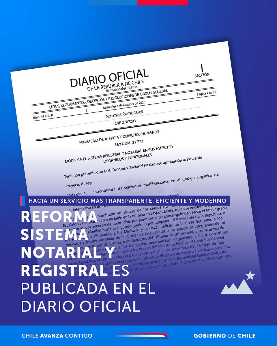 ¡Buenas noticias!

La Reforma Sistema Notarial y Registral es publicada en el Diario Oficial, Chile avanza hacia un sistema más transparente, con procesos de selección por mérito, fiscalización efectiva y tarifas justas ✅
