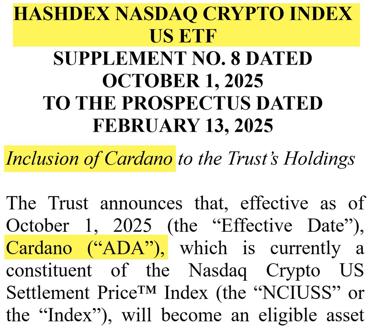 BREAKING: Cardano $ADA has been included in the Hashdex NASDAQ Crypto Index  U.S. ETF $NCIQ - This signals strong institutional adoption across the  industry for Cardano as a secure & decentralized smart