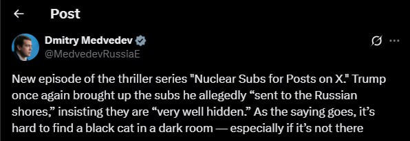 baron_ext0's tweet photo. Russia's Medvedev responds to Trump about the nuclear submarines. https://t.co/s6nNGYTAJ5