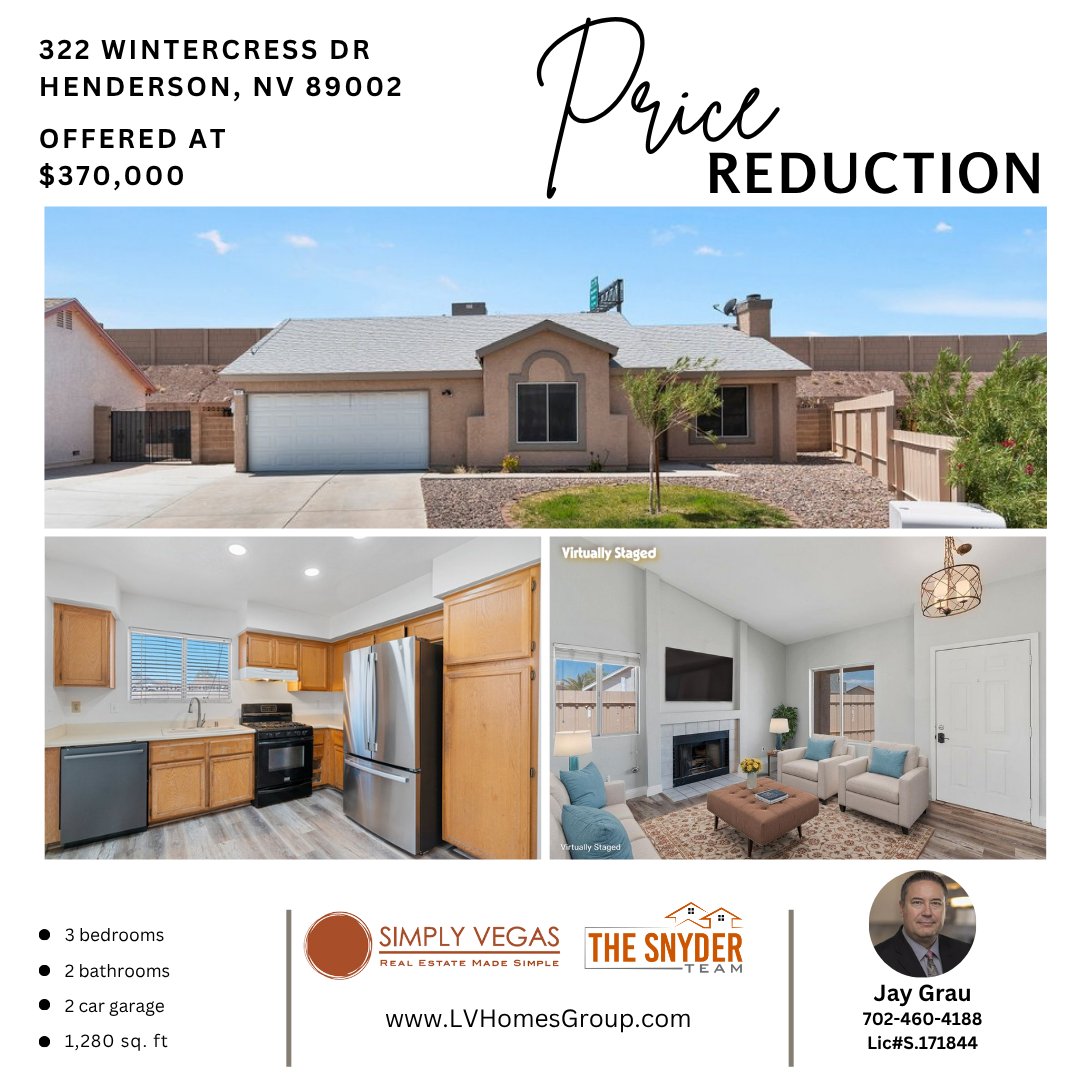 LVHomesGroup's tweet photo. ✨ Price Reduced ✨
📍 322 Wintercress Dr – Henderson, NV
💰 $390,000 | 🛏 3 Bed | 🛁 2 Bath | 📐 1280 SqFt
Jay Grau 
Simply Vegas Real Estate 
📞702-460-4188 
LicS.171844
💻https://t.co/E0xWm6LoaY 
#LasVegasRealEstate #hendersonhomes #JustListedVegas #FirstTimeBuyer #greenvalley https://t.co/NZYBLE7JaI
