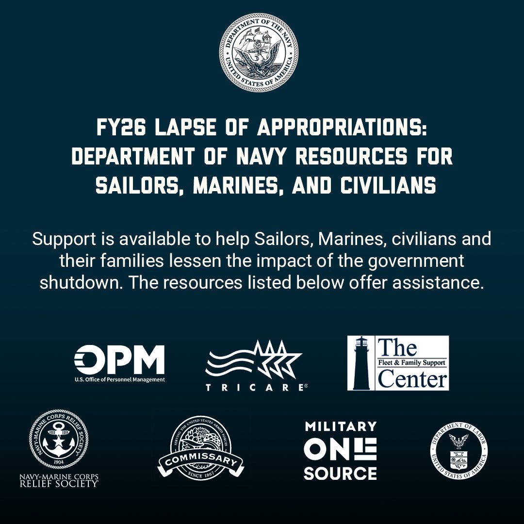 Support is available to help Sailors, Marines, civilians and their families lessen the impact of the government shutdown. The resources linked below offer assistance.

For more information visit:
<a href="/USMC/">U.S. Marines</a>: marines.mil/lapse-of-appro…
<a href="/USNavy/">U.S. Navy</a>: navy.mil/Press-Office/N…