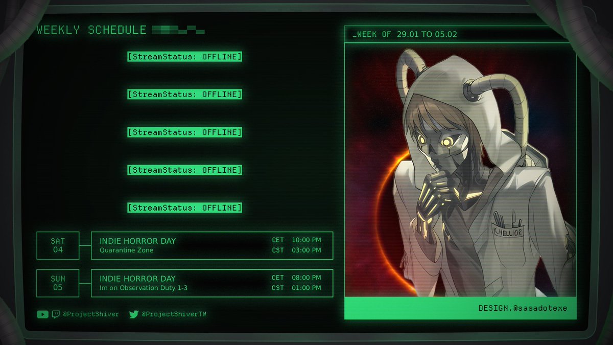 💀 Stream schedule for this week 💀

 I know its not much and we are dropping friday but I would rather have 2 good streams than 3 mediocre streams. 

On that note I really wanna play the demo for Quarantine Zone.

And I also never played the Observation Duty games even though I