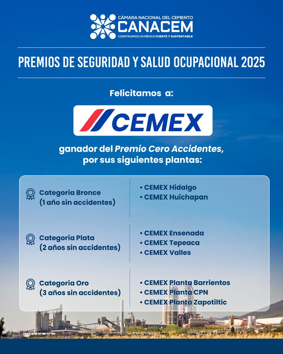 Felicitamos a Cemex por su esfuerzo en la Mejora en el Desempeño en Seguridad: Cero Accidentes.