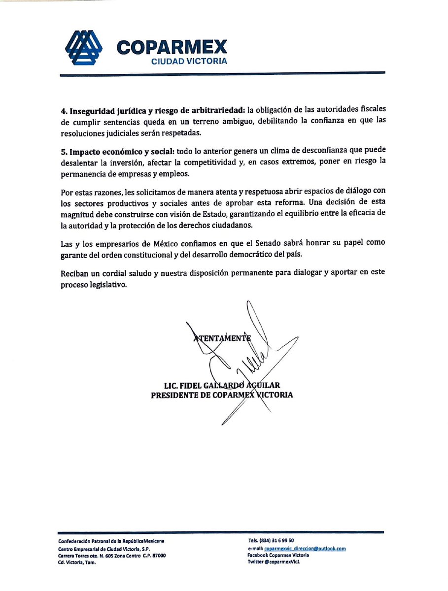 Senadora de la República <a href="/olgapsosa/">Olga Sosa</a> desde <a href="/Coparmex/">Coparmex Nacional</a> le exhortamos a revisar la reforma a la #LeyDeAmparo . No se debe quitar a la ciudadanía un mecanismo de defensa ante actos arbitrarios de las autoridades.