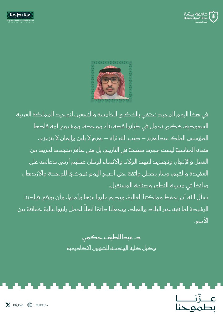 كلمة وكيل كلية الهندسة للشؤون الاكاديمية
الدكتور عبداللطيف حكمي بمناسبة اليوم الوطني
